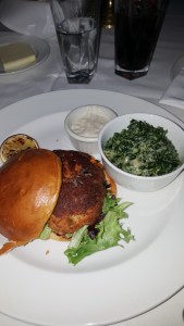 Lobster and crab burger with creamed spinach