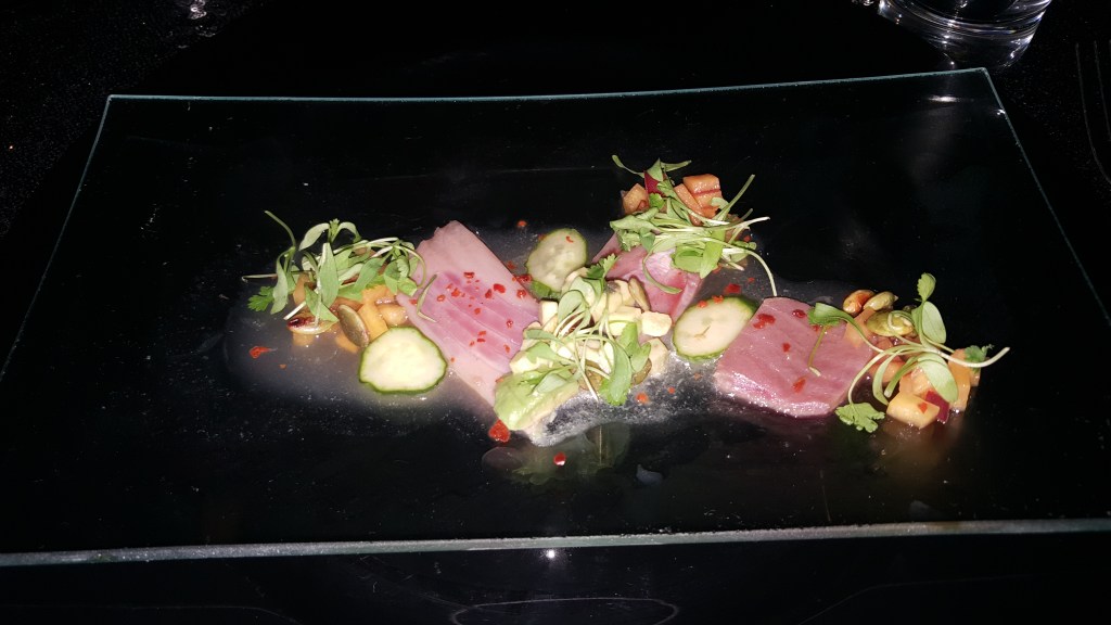 COURSE 1: Tuna Crudo, Peach Soy, Avocado, Cucumber, Toasted Peppers, Toasted Pumpkin Seed, Sesame