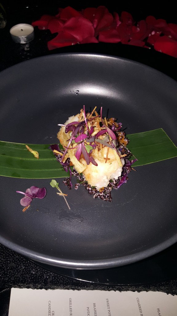 COURSE THREE: Parmesan Crusted Sea Bass, Peach + Tomato Compote, Purple Quinoa Slaw