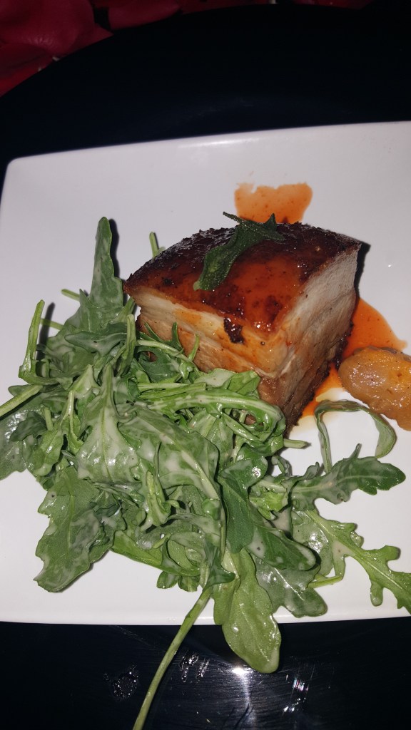 COURSE FOUR: Crispy Pork Belly, Sweet Potato Gnocci, Brown Butter Sage Sauce, Fried Sage, Sriracha Honey Reduction