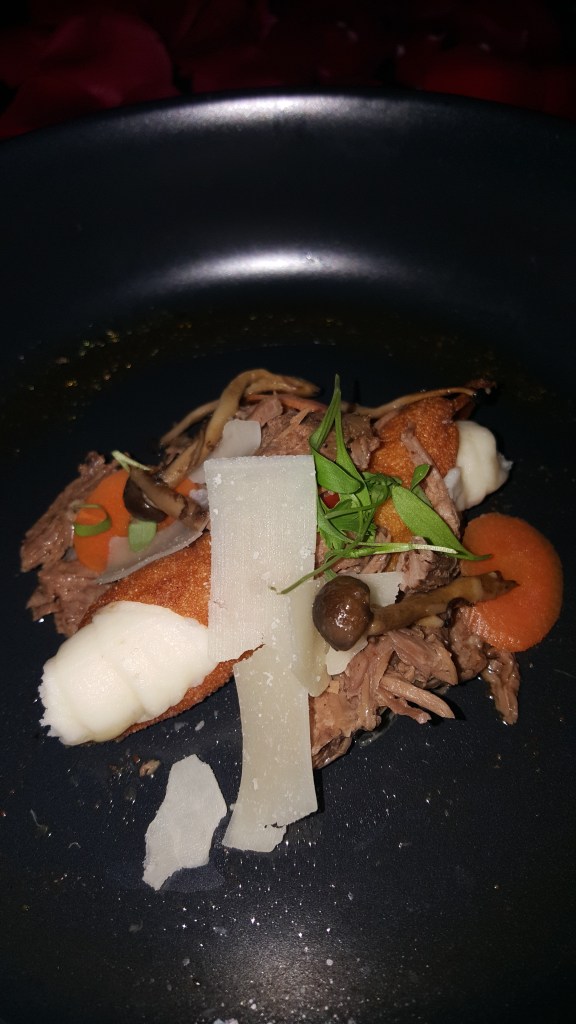 COURSE FIVE: Braised Lamb Ragout, Wild Forest Mushroom, Shaved Carrots, Crispy Wonton Cannoli, Potato Puree, Hickory Smoked Bacon, Goat Cheese Crumble, Microgreens
