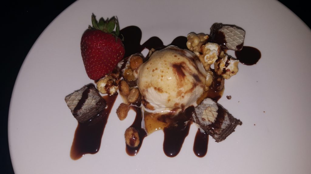 COURSE SEVEN: Crispy Wafers, Dark Chocolate Drizzle, Caramel Popcorn, Candied Peanuts, Vanilla Bean Ice Cream, Bourbon Vanilla Caramel