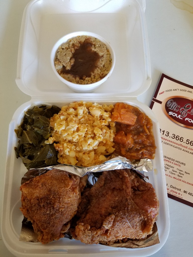 Fried Chicken, Greens, Yams, Mac and Cheese and Cornbread Dressing
