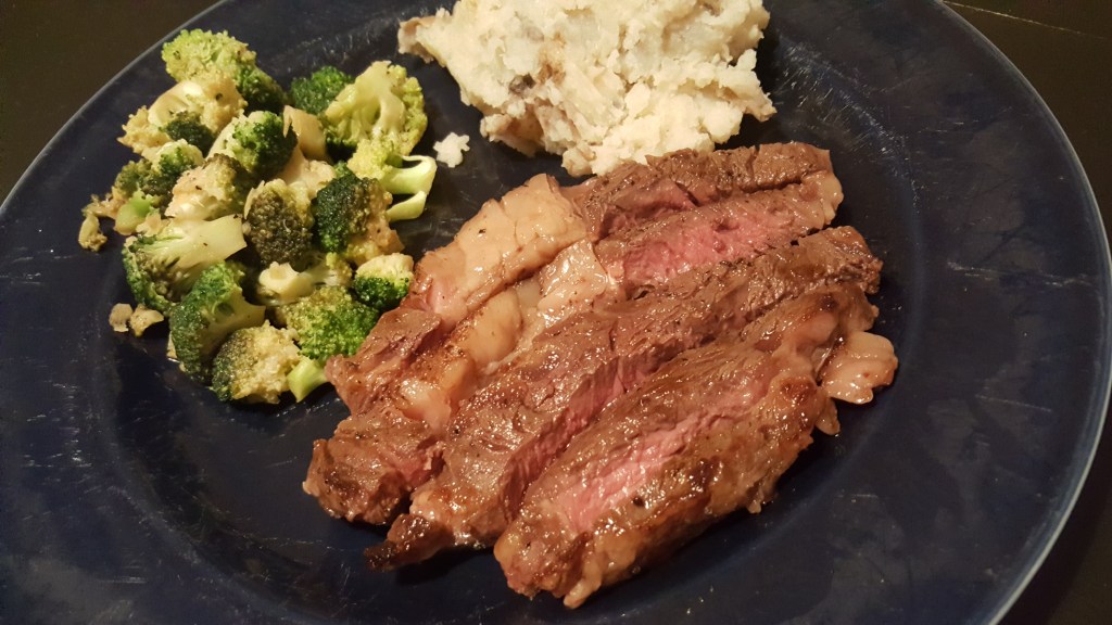 Seared Steak with Garlic Mashed Potatoes & Sauteed Broccoli