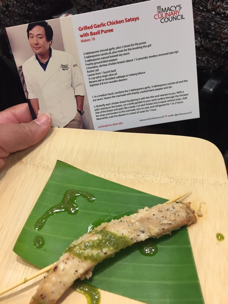 Grilled chicken satay with basil puree 