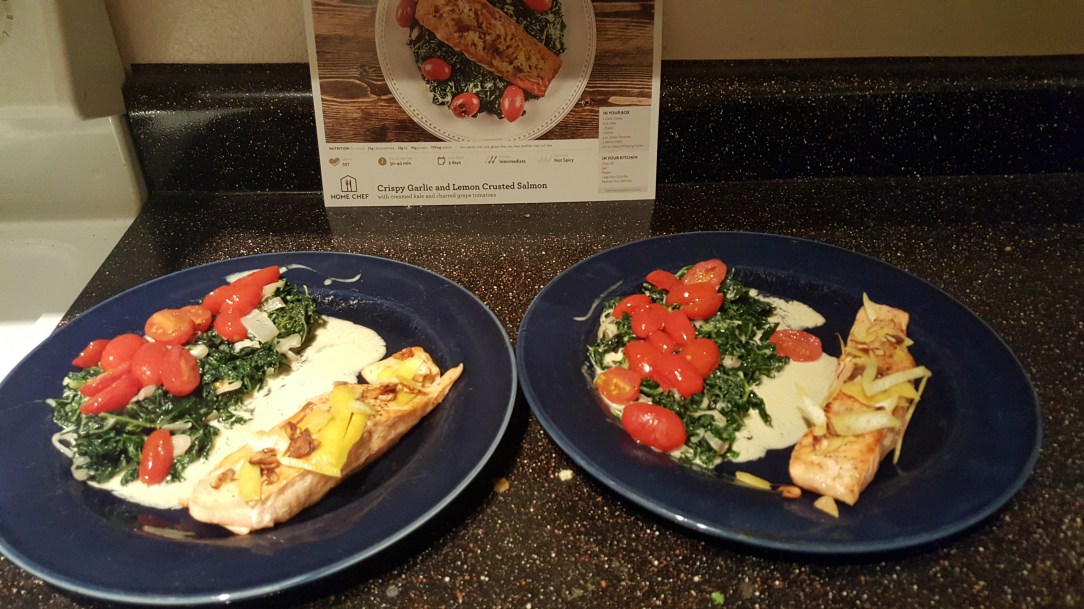 This meal was definitely a winner! Crispy Garlic and Lemon Crusted Salmon with Creamed Kale and Charred Grape Tomatoes