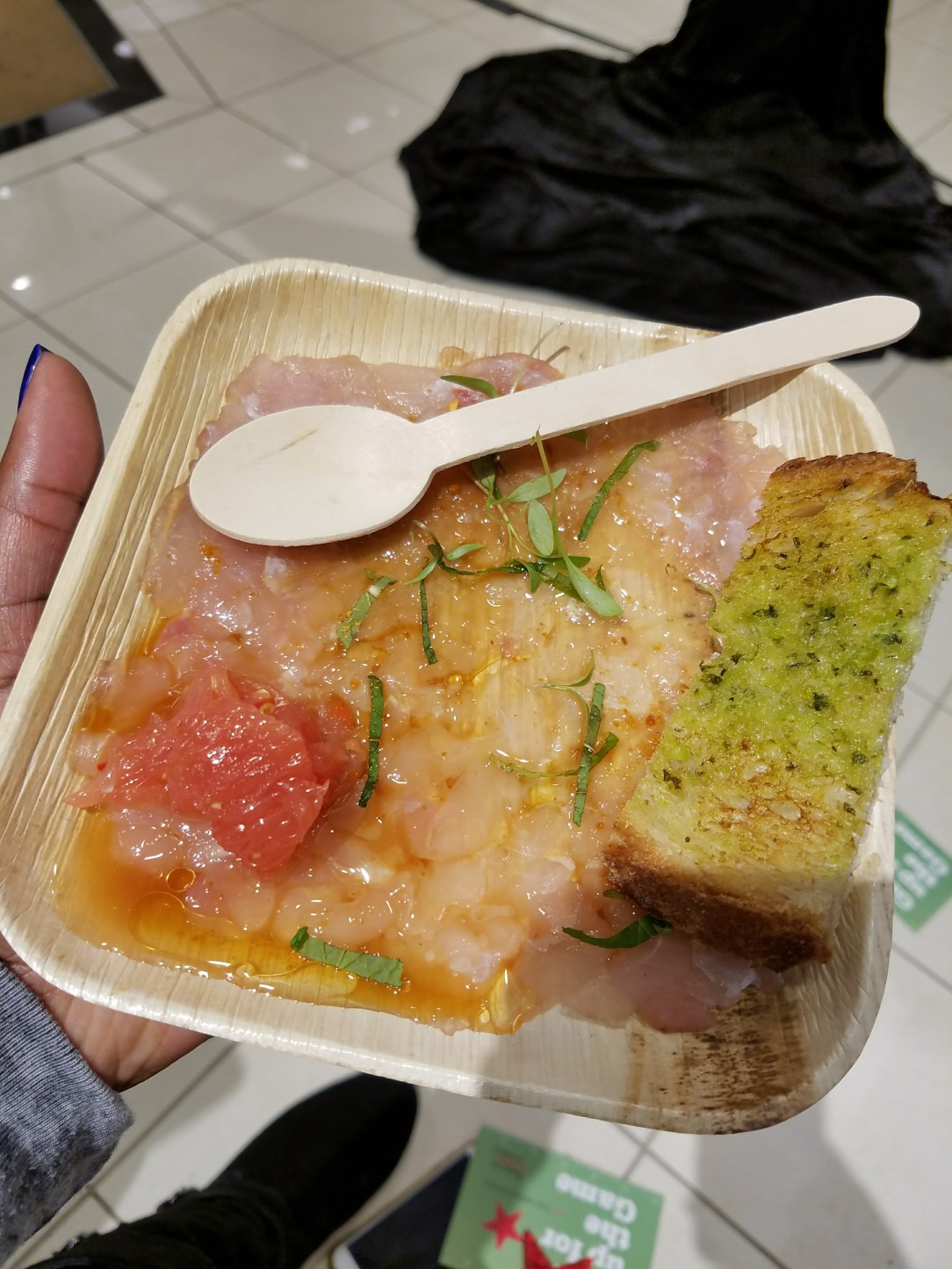 Red snapper carpaccio, grapefruit agra dolce and garlic bruschetta